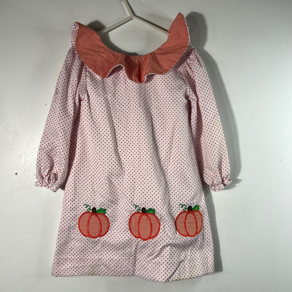 Girls Cecil & Lou Polka Dot Gingham Pumpkin Dress Ruffle Back White Orange 4T